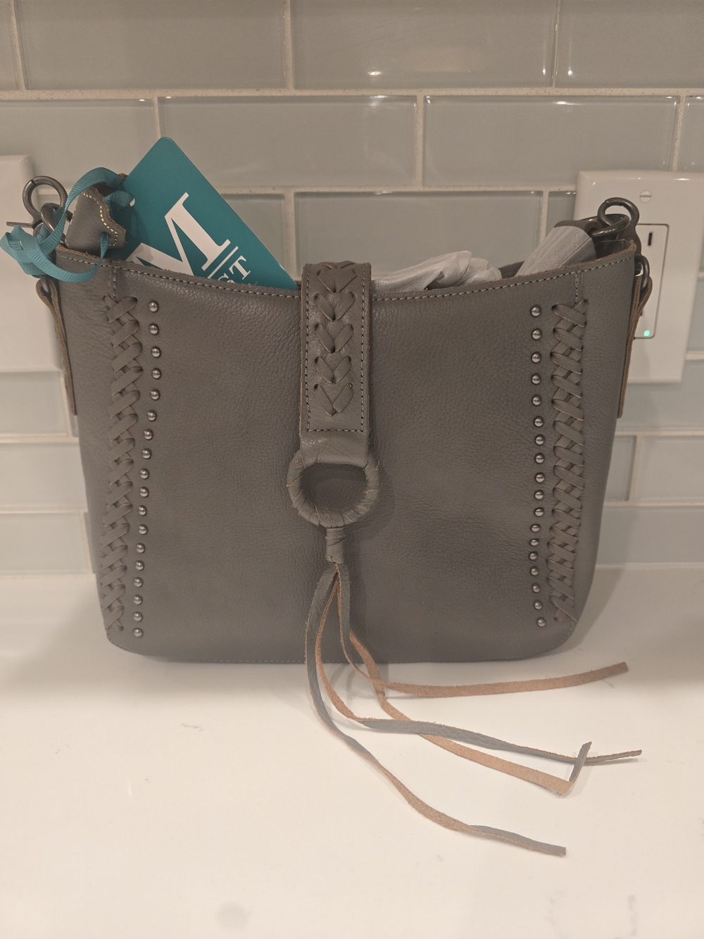 Grey Women’s Leather Crossbody Bag with Braided Trim